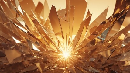 A dazzling display of golden shards radiating from a central point of intense light and reflection