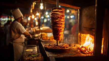 Delicious shawarma cooking on rotating spit over hot coals at a street food vendor stall at night time