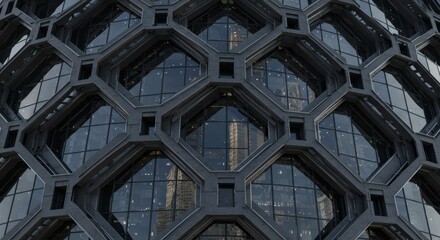 Modern Geometric Building Facade with Hexagonal Pattern and Glass Windows. Contemporary Architectural Detail and Urban Design.