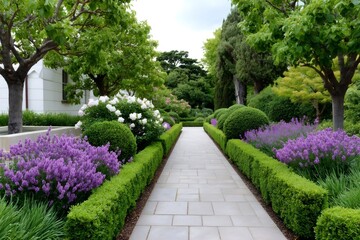 Symmetrical garden path with lavender and boxwood hedge bordering stone tiles