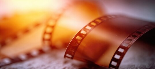 Close up of curled 35mm movie film strip laying on a table with back light creating nostalgic mood