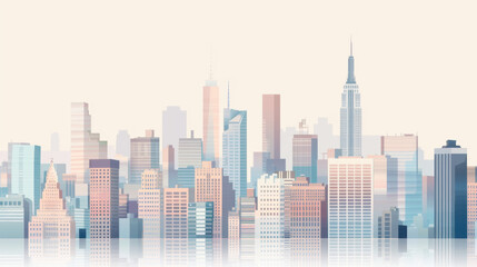 Fototapeta premium Softly colored watercolor skyline of a modern city with tall buildings and reflections