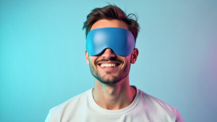 Bluetooth Sleep Mask. Smiling man wearing blue sleep mask on pastel ba