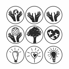 Collection of hand drawn icons with care, nature, and global themes isolated on white background