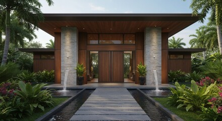 Fototapeta premium Luxurious Modern House Entrance with Tropical Landscaping and Water Features