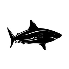Obraz premium Powerful Black and White Shark Silhouette: Ocean Predator Vector Illustration, Dramatic, Intense, and Bold Graphic Design.