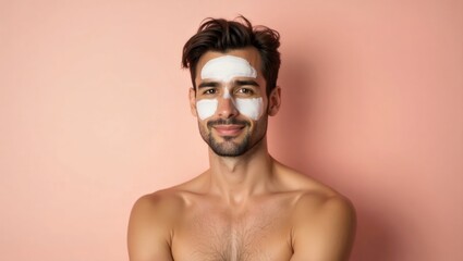 Fototapeta premium Beef tallow face cream. Young man with white face cream smiling, skinc