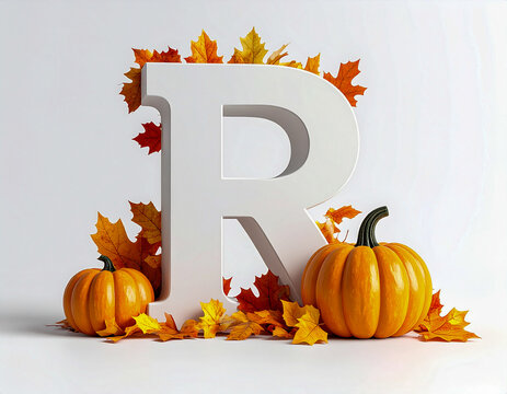 An autumn themed composition with a large white letter "R" in the center. At the base of the letter and around it are bright orange pumpkins and colorful autumn leaves of different shapes and shades o