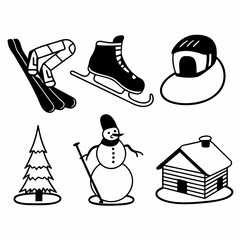 Winter sport and activity icon set with skier, snowman, house isolated on white background