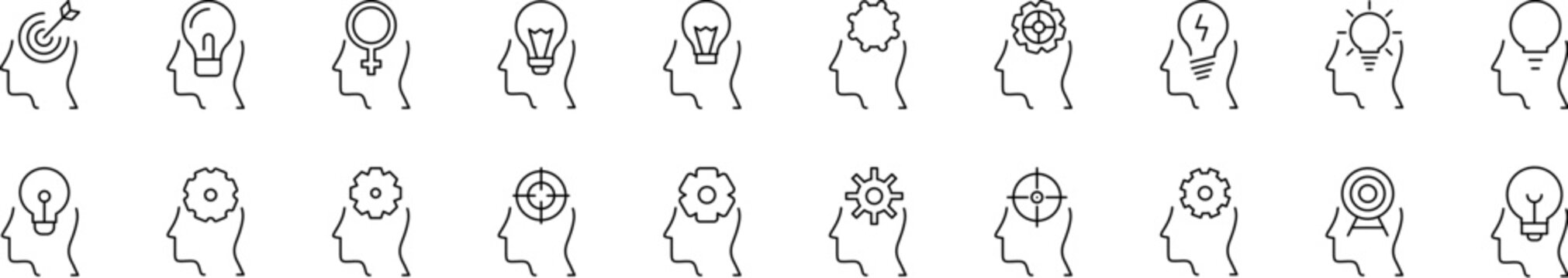 Thought Line Icon Set. Target, Gear, Lamp in Head Outline Signs for Graphic and Web Design, Apps, Adverts, Various Cards