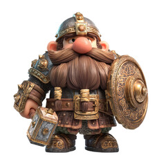 Fototapeta premium A stylized dwarf warrior in ornate armor holds a hammer and shield Fantasy