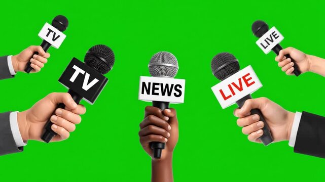 News press conference, multiple hands holding microphones with labels on green screen for broadcast media scene compositing and journalism effects

