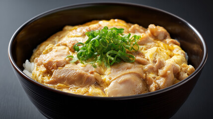 黒い丼に盛り付けられた熱々で美味しそうな親子丼