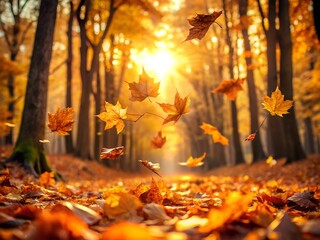 Falling autumn leaves in a sunlit forest path