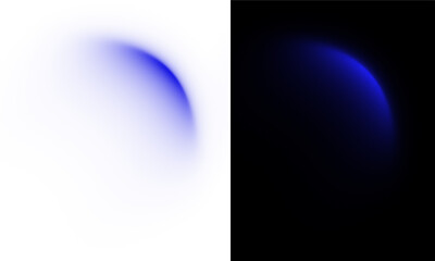 Abstract blue glowing crescent light, like a planet's horizon or an eclipse, on a split white and black background.  © Noy