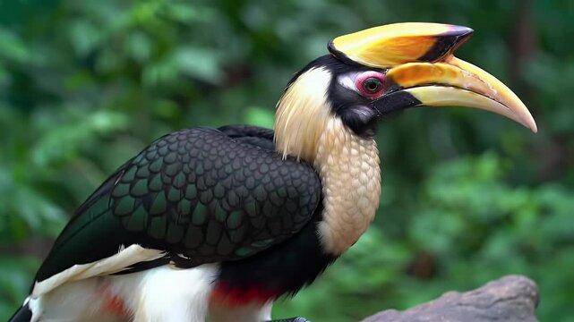 Magnificent Great Hornbill with prominent yellow casque and striking black and white plumage in a vibrant green environment.