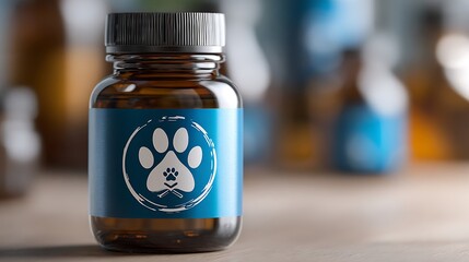 Pet Wellness Supplement Bottle with Paw Print Logo on Kitchen Counter