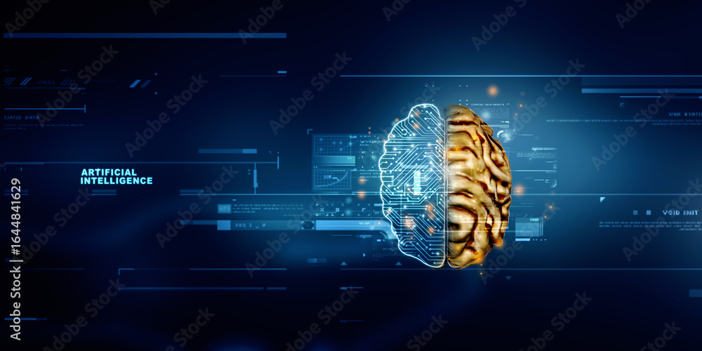 Aufkleber 2d illustration concept of thinking, background with brain, abstract artificial intelligence. techno