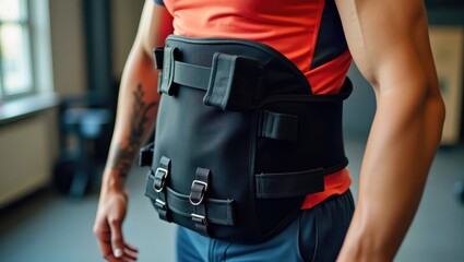 Weighted Vest For Walking. Man wearing black waist belt support, rehab