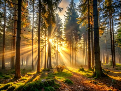 Sunbeams shining through trees in a misty forest at dawn