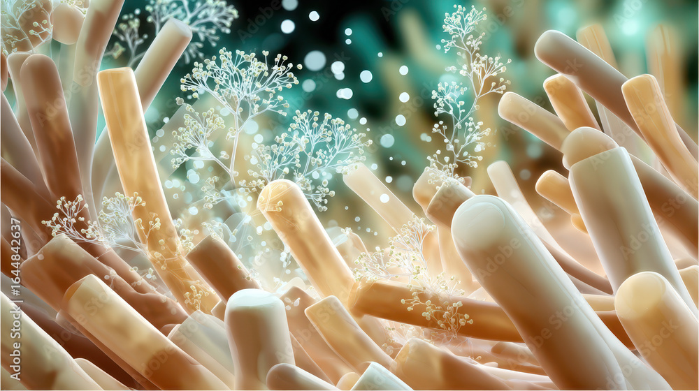 Poster detailed microscopic view of bacterial structures, illustrating complex interactions in a colorful a