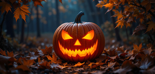 Glowing jack-o-lantern pumpkin in the dark surrounded by autumn leaves