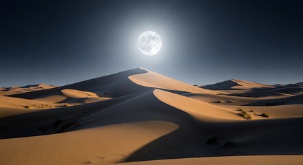 Desert Dunes Under a Full Moon and Starry Sky at Night