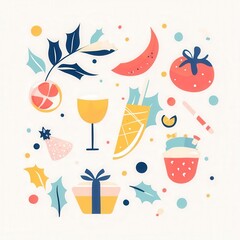 Fototapeta premium Isolated flat lay of abstract holiday objects arranged in a neat modern vector composition with ample negative space