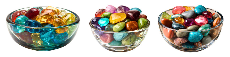 Decorative glass bowls with multicolored stones arranged for modern interior decoration isolated on a white or transparent background