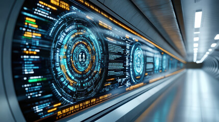 Futuristic digital interface displaying data and analytics in high tech environment