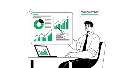 Illustration of economist day with man presenting data isolated on white background