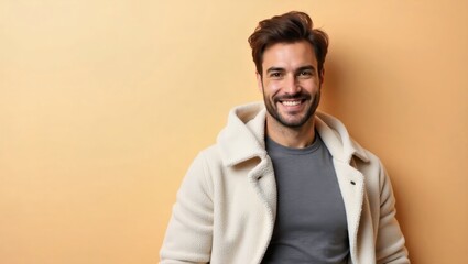 Travel Blanket. Smiling man with beige coat and gray shirt standing on