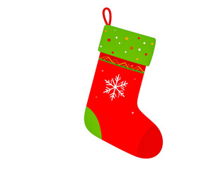 A colorful illustration of a traditional Christmas stocking used to hold gifts. The stocking is red and green with white details. The red part of the stocking has a large white snowflake on it, and a 