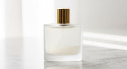 Fototapeta premium An elegant frosted glass perfume bottle with a gold cap rests on a marble surface in soft light.