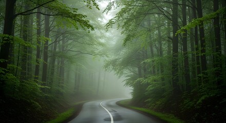 Obraz premium Misty Winding Road into Dense Foggy Forest with Lush Green Foliage
