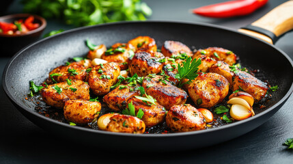 Sizzling pan filled with golden brown roasted potatoes, garlic, and fresh herbs