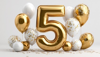 A large gold balloon number five surrounded by smaller gold and white balloons and confetti on a white background