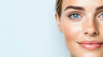 Fototapeta premium Fresh, radiant female face with clear skin and bright blue eyes, showcasing natural beauty