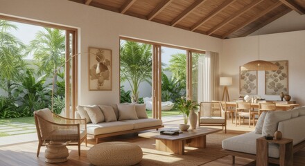 Fototapeta premium Serene tropical villa living room with natural materials, abundant light, and lush garden view