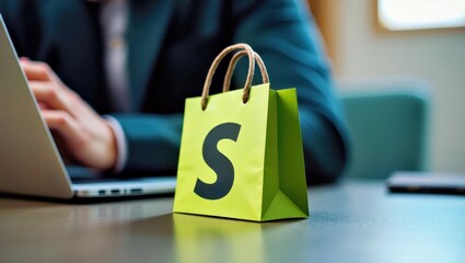Shopify Developer. Green shopping bag with Shopify logo on office desk