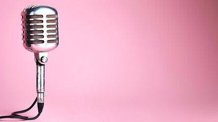 Fototapeta premium Vintage silver microphone on a soft pink background, perfect for music and podcast promotions.