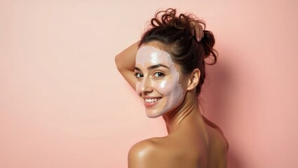 Scalp Scrubber. Young woman with facial mask, glowing skin, skincare r