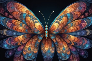 A digitally created butterfly with intricate wing patterns in shades of blue orange and purple tones