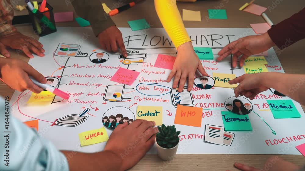 Poster a collaborative team engages in creating a detailed flowchart surrounded by colorful notes in a mode
