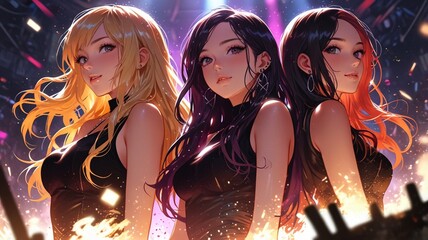 K-pop group three girls on stage amid colorful spotlights and smoke