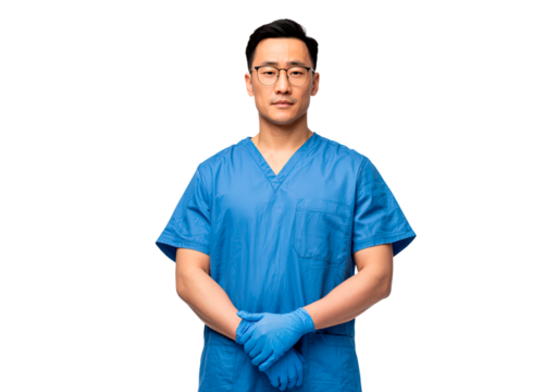 Asian man medical professional wearing scrubs and gloves on transparent background, PNG