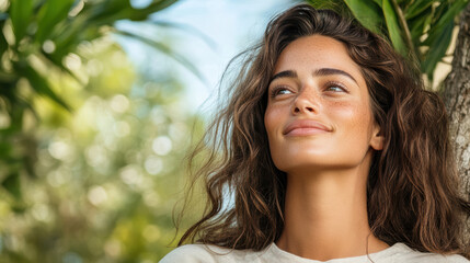 Naklejka premium Natural beauty, serene expression, woman outdoors, smiling softly, lush greenery