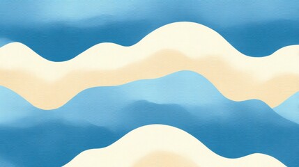 Abstract watercolor pattern with blue waves and beige curves, creating a serene ocean-like landscape.