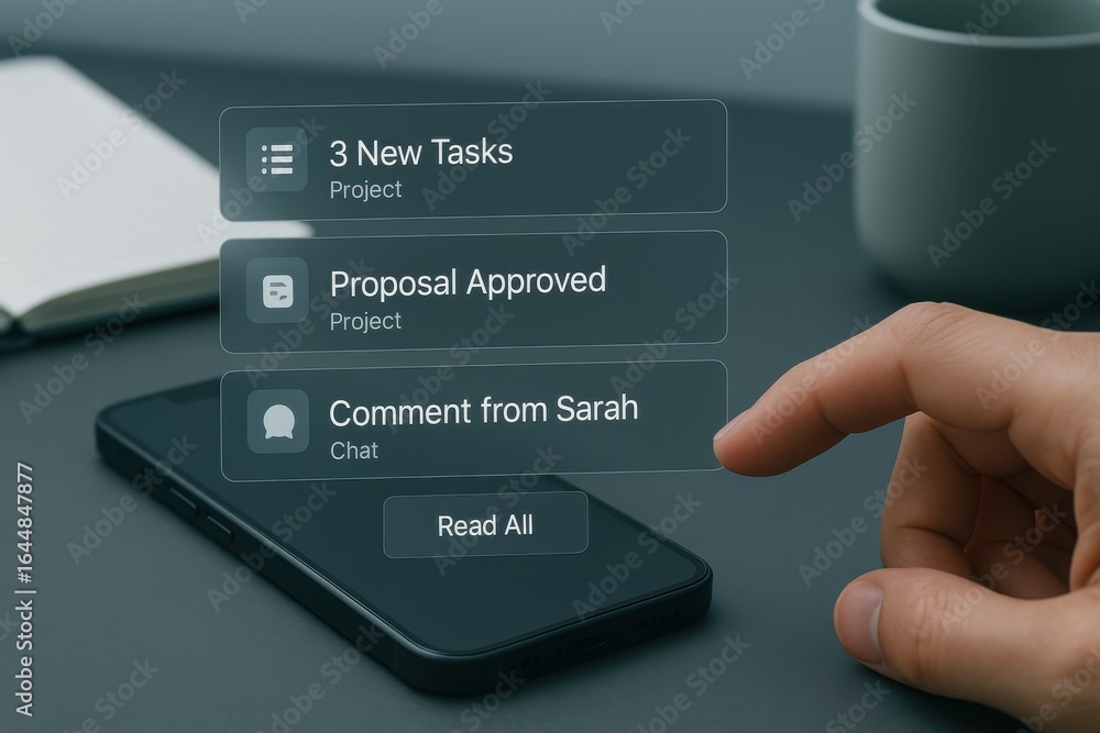 Poster project notification interface displaying new tasks, approvals, and comments