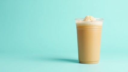 Protein Shake. Iced coffee glass with whipped cream on blue background